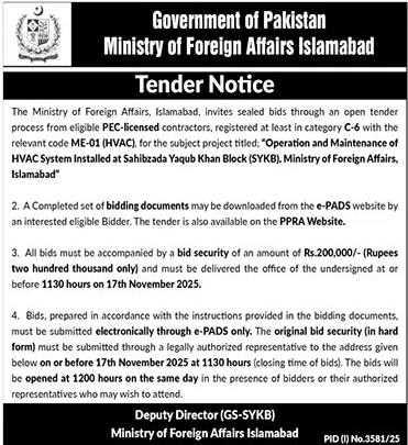 Ministry of Foreign Affairs Islamabad Tender Notice
